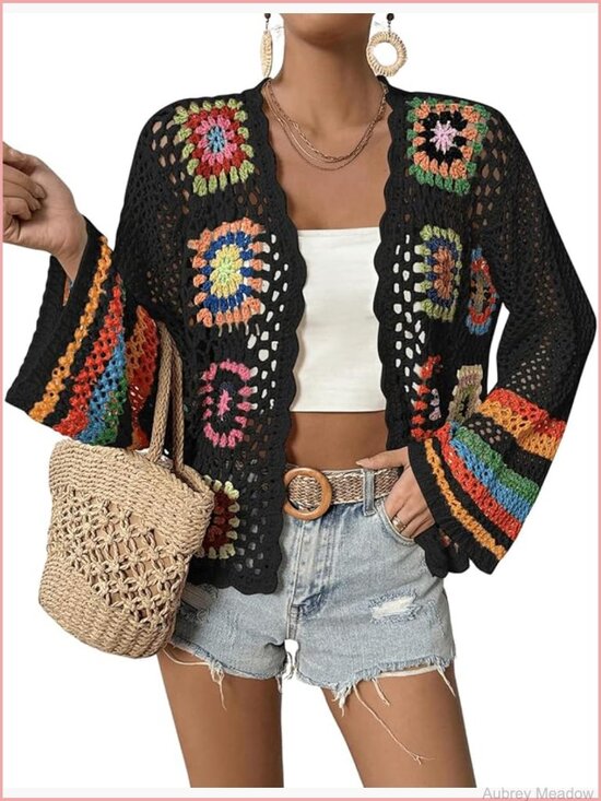 Sweaters - Trendy Crochet Cardigan Hollow Out Open Front Boho Sweater Top